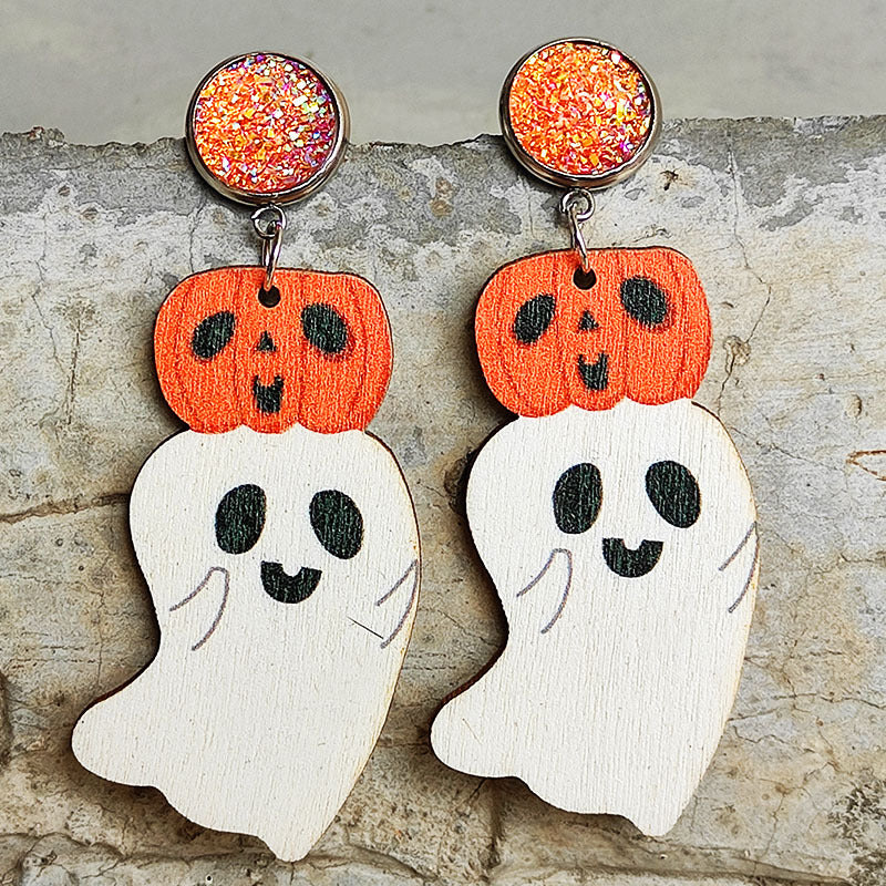 Wholesale 2 Pair/Pack Halloween Pumpkin Reading Ghost Bowknot Wooden Earrings